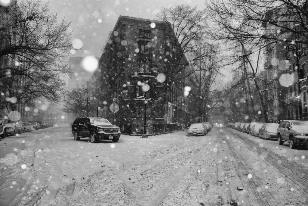 grayscale photography of street during witner